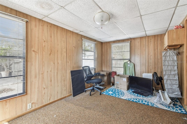 home office with carpet flooring, a paneled ceiling, and wooden walls