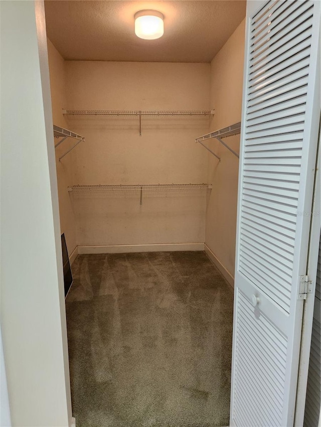 walk in closet with dark carpet