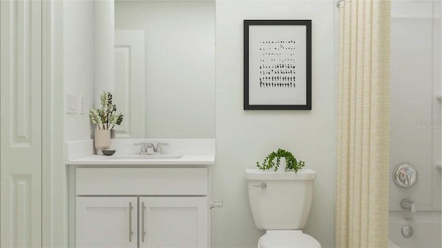 full bathroom featuring vanity, shower / tub combo with curtain, and toilet