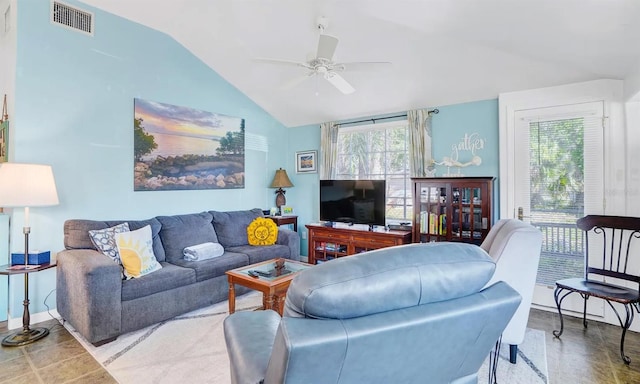 living room with lofted ceiling and ceiling fan