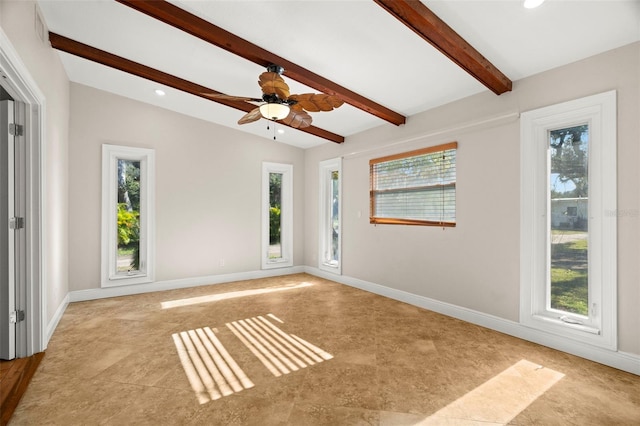 unfurnished room with vaulted ceiling with beams and ceiling fan