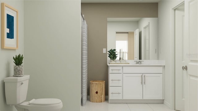 bathroom featuring vanity, tile patterned floors, and toilet