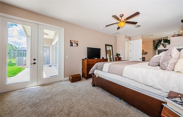 carpeted bedroom featuring access to outside, ceiling fan, and french doors