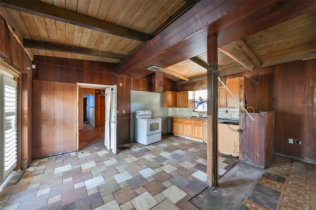 kitchen with beamed ceiling, wood walls, wooden ceiling, and electric range