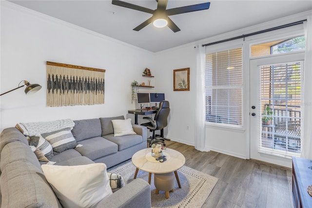 4221 W Spruce St Unit 1325, Tampa, FL 33607 - living room with crown molding, ceiling fan, and hardwood / wood-style floors