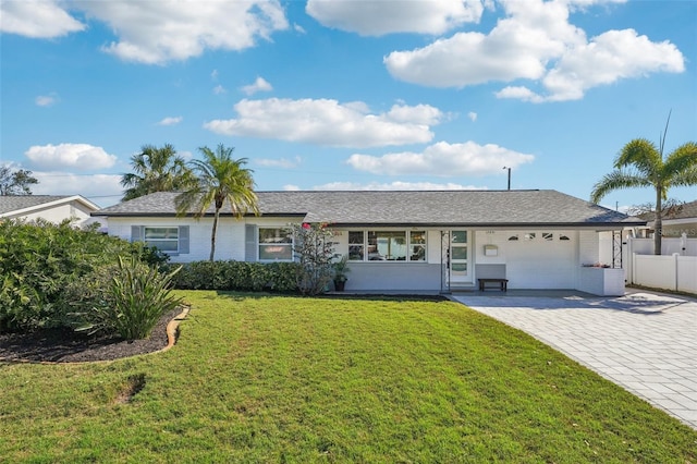 ranch-style home with a garage and a front lawn