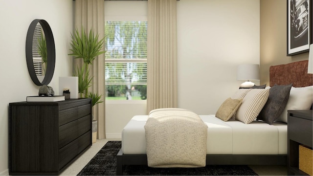 bedroom featuring multiple windows and light carpet