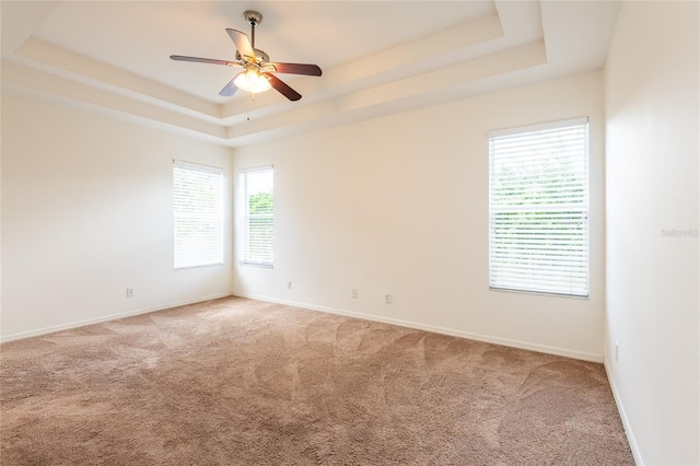 unfurnished room featuring a tray ceiling, light carpet, and baseboards