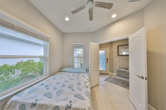 bedroom with recessed lighting, visible vents, baseboards, and light tile patterned floors