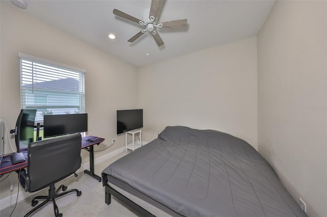 bedroom featuring ceiling fan, recessed lighting, and baseboards