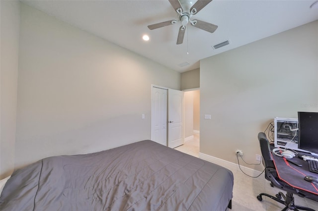 bedroom with visible vents, ceiling fan, baseboards, and light tile patterned flooring