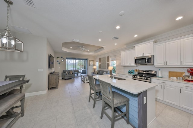 kitchen featuring a tray ceiling, a breakfast bar area, stainless steel appliances, and white cabinets