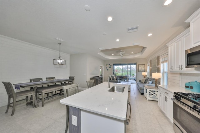 kitchen featuring an island with sink, white cabinets, a kitchen breakfast bar, a tray ceiling, and stainless steel appliances