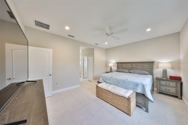 bedroom with baseboards, visible vents, a ceiling fan, and recessed lighting