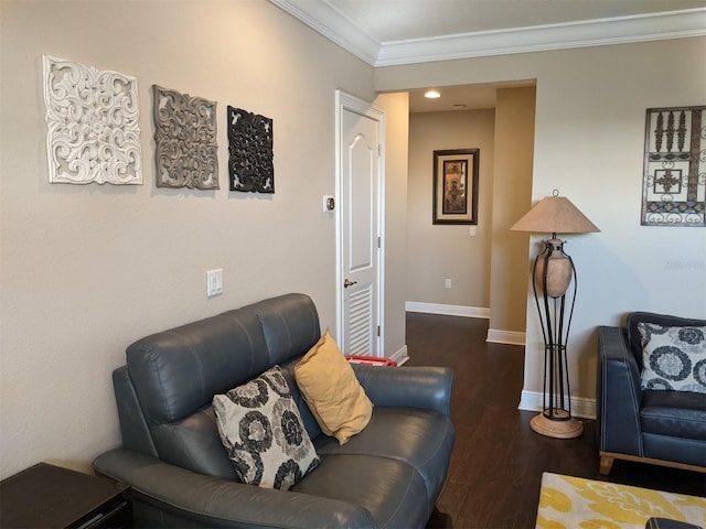 living room with crown molding and dark hardwood / wood-style floors