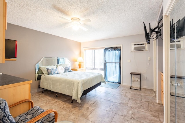 1849 Abrico Dr Unit 4, Lutz, FL 33558 - bedroom with a wall mounted air conditioner, ceiling fan, a textured ceiling, and baseboards
