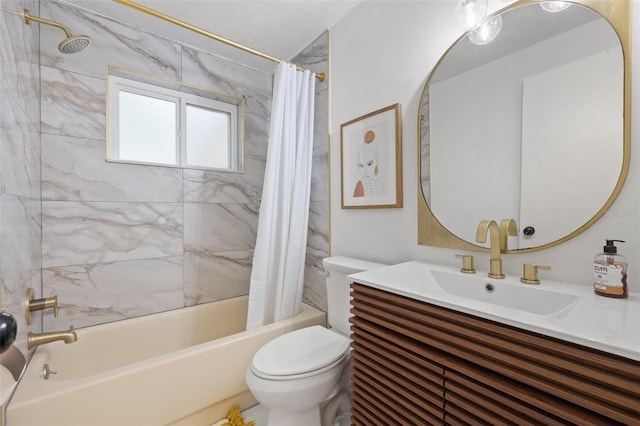 bathroom featuring toilet, shower / bath combo with shower curtain, and vanity