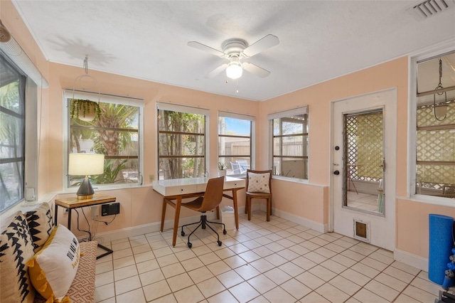 sunroom featuring ceiling fan and visible vents