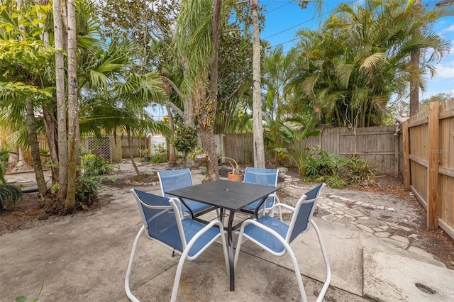 view of patio with a fenced backyard and outdoor dining space