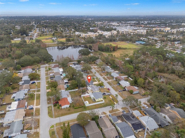 aerial view featuring a residential view and a water view