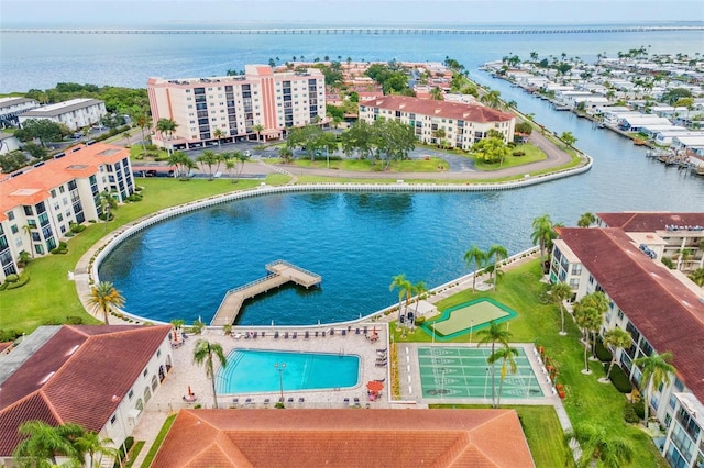 drone / aerial view with a water view