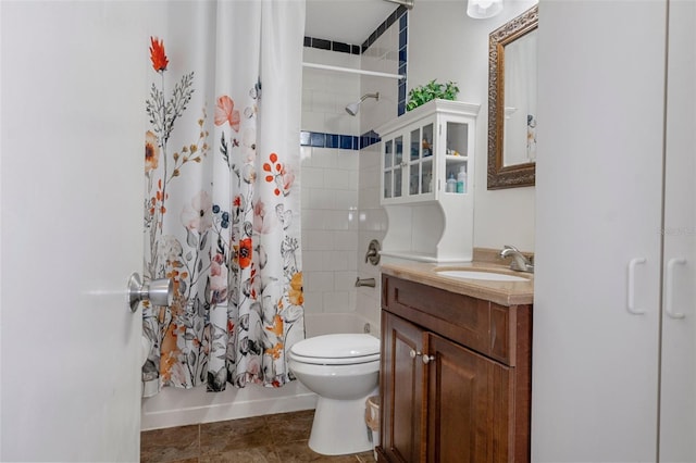 full bathroom with vanity, shower / bath combo, tile patterned floors, and toilet