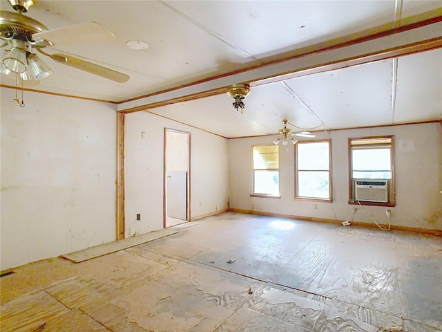 empty room with lofted ceiling, cooling unit, and ceiling fan