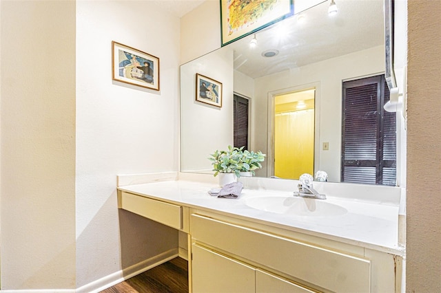 bathroom with hardwood / wood-style flooring and vanity