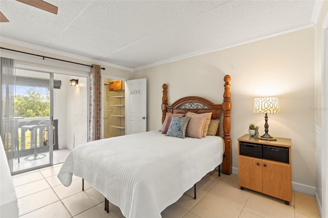 bedroom featuring crown molding, ceiling fan, a textured ceiling, light tile patterned flooring, and access to outside