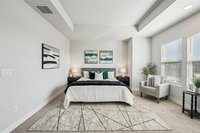 carpeted bedroom featuring a raised ceiling and a textured ceiling