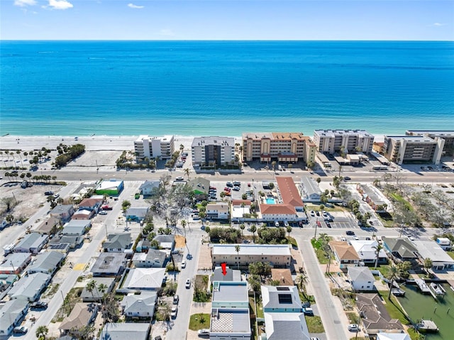 aerial view featuring a beach view and a water view