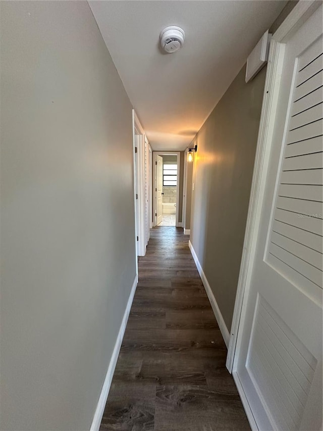 hall featuring dark wood finished floors and baseboards