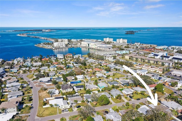 drone / aerial view featuring a water view