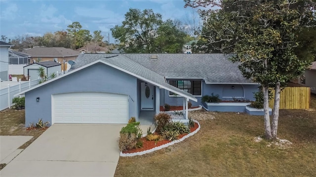 ranch-style home with a garage and a front lawn