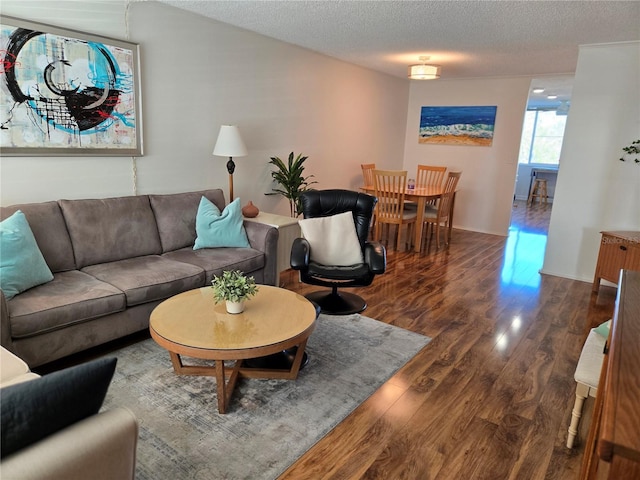 living room featuring dark hardwood / wood-style floors and a textured ceiling