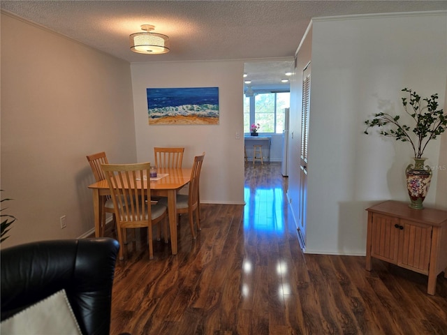 dining room with dark wood-type flooring and a textured ceiling