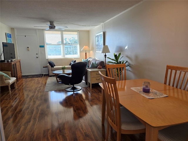 dining space featuring ceiling fan, a textured ceiling, and dark hardwood / wood-style flooring