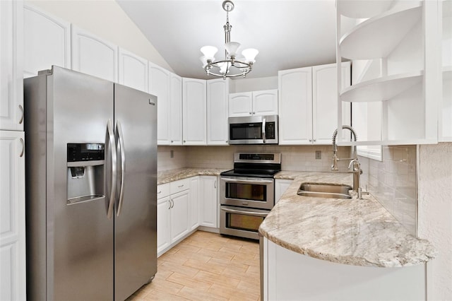 kitchen with pendant lighting, sink, appliances with stainless steel finishes, white cabinetry, and decorative backsplash