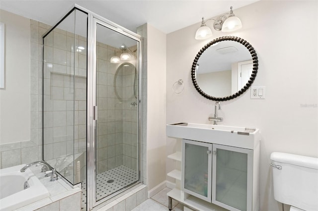 full bathroom featuring tile patterned floors, toilet, independent shower and bath, and vanity