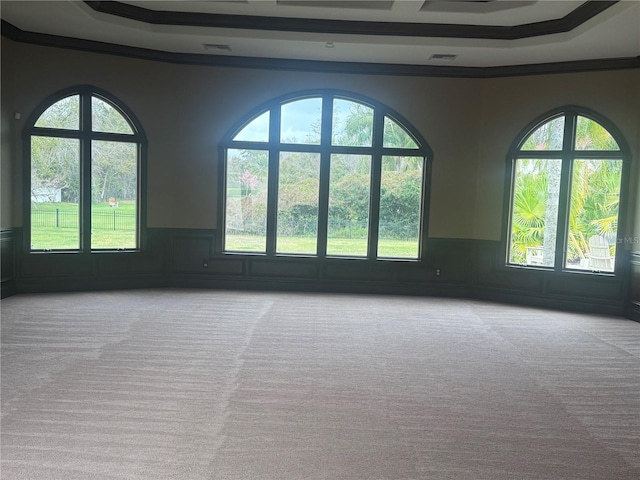 empty room featuring a wainscoted wall, a decorative wall, visible vents, and light colored carpet