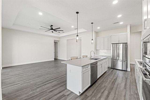 kitchen with stainless steel appliances, a raised ceiling, an island with sink, and white cabinets