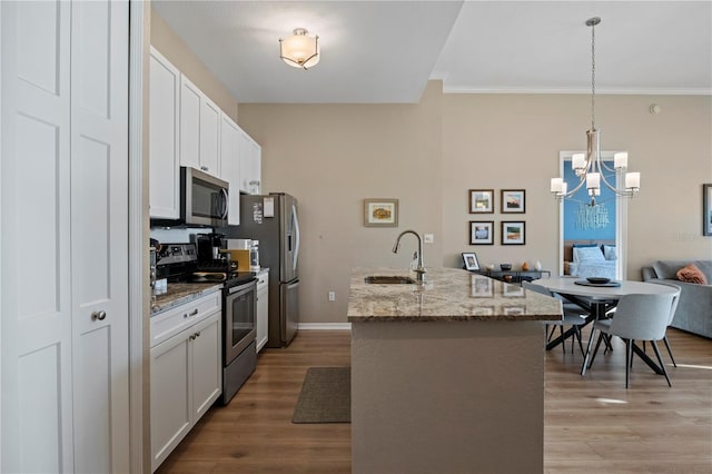 kitchen with white cabinetry, sink, hanging light fixtures, and appliances with stainless steel finishes