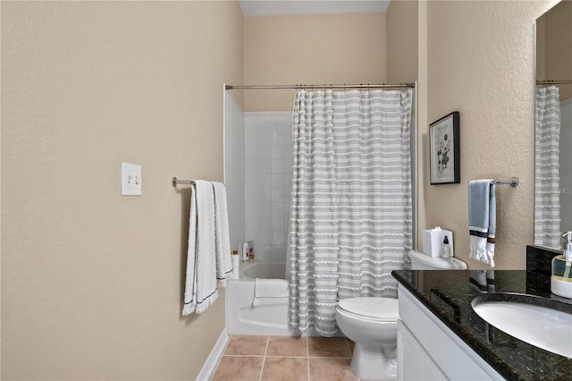 full bathroom with vanity, shower / bathtub combination with curtain, tile patterned floors, and toilet