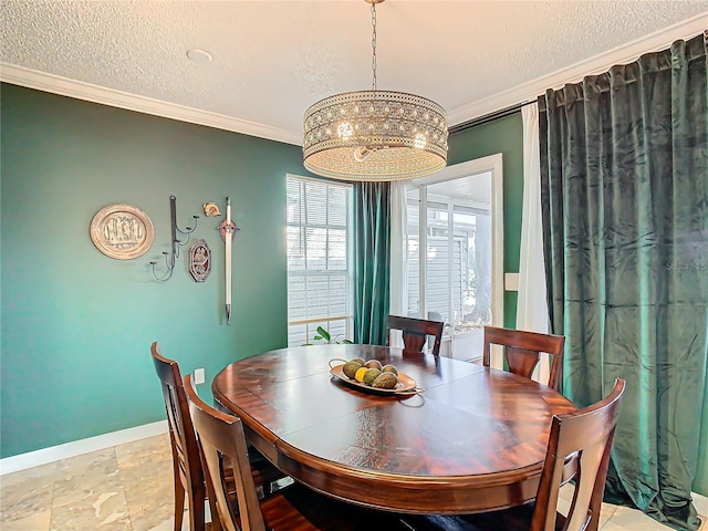 dining space featuring crown molding and a textured ceiling