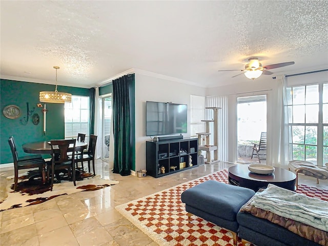 living room with ornamental molding, ceiling fan, and a textured ceiling