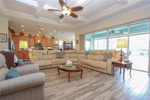 living room with beamed ceiling, ornamental molding, coffered ceiling, and light hardwood / wood-style flooring