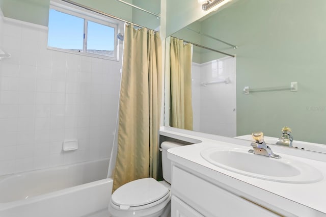 full bath featuring toilet, shower / bath combo, and vanity