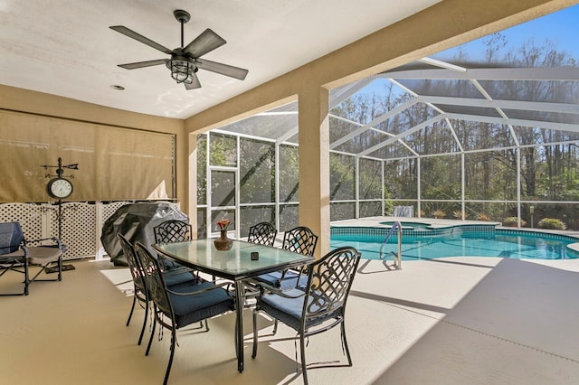 view of swimming pool featuring a lanai, grilling area, ceiling fan, and a patio