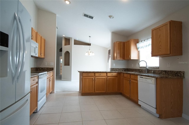 kitchen featuring lofted ceiling, sink, kitchen peninsula, pendant lighting, and white appliances