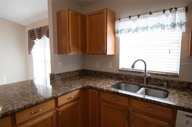 kitchen featuring dishwasher, sink, and dark stone countertops